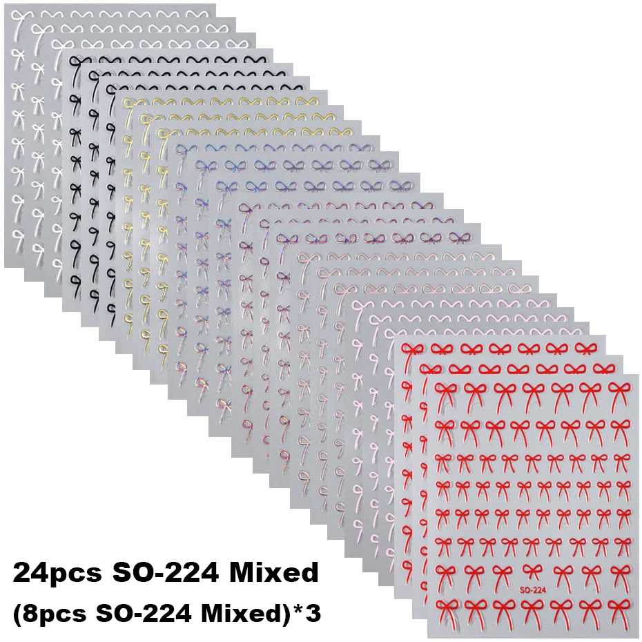 

8 шт. разноцветные наклейки для дизайна ногтей с бантом, 3D милые красные, черные, розовые банты, подвески для ногтей, фольга Y2K, золотой лазерный эффект, бант, маникюрный декор