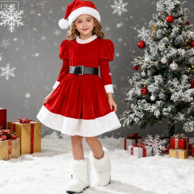 

Christmas Dress For Girls Santa Claus Fluffy Red Long Sleeve Kids Santa Cosplay Xmas Costume Holiday Party Performace Outfits