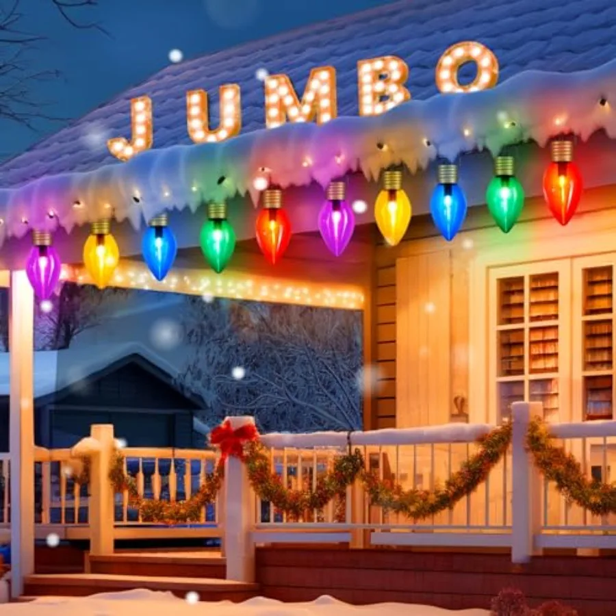 

Outdoor Christmas decorations: waterproof jumbo string lights with large red bulbs for pathway marking, hanging, lawn, tree, ro