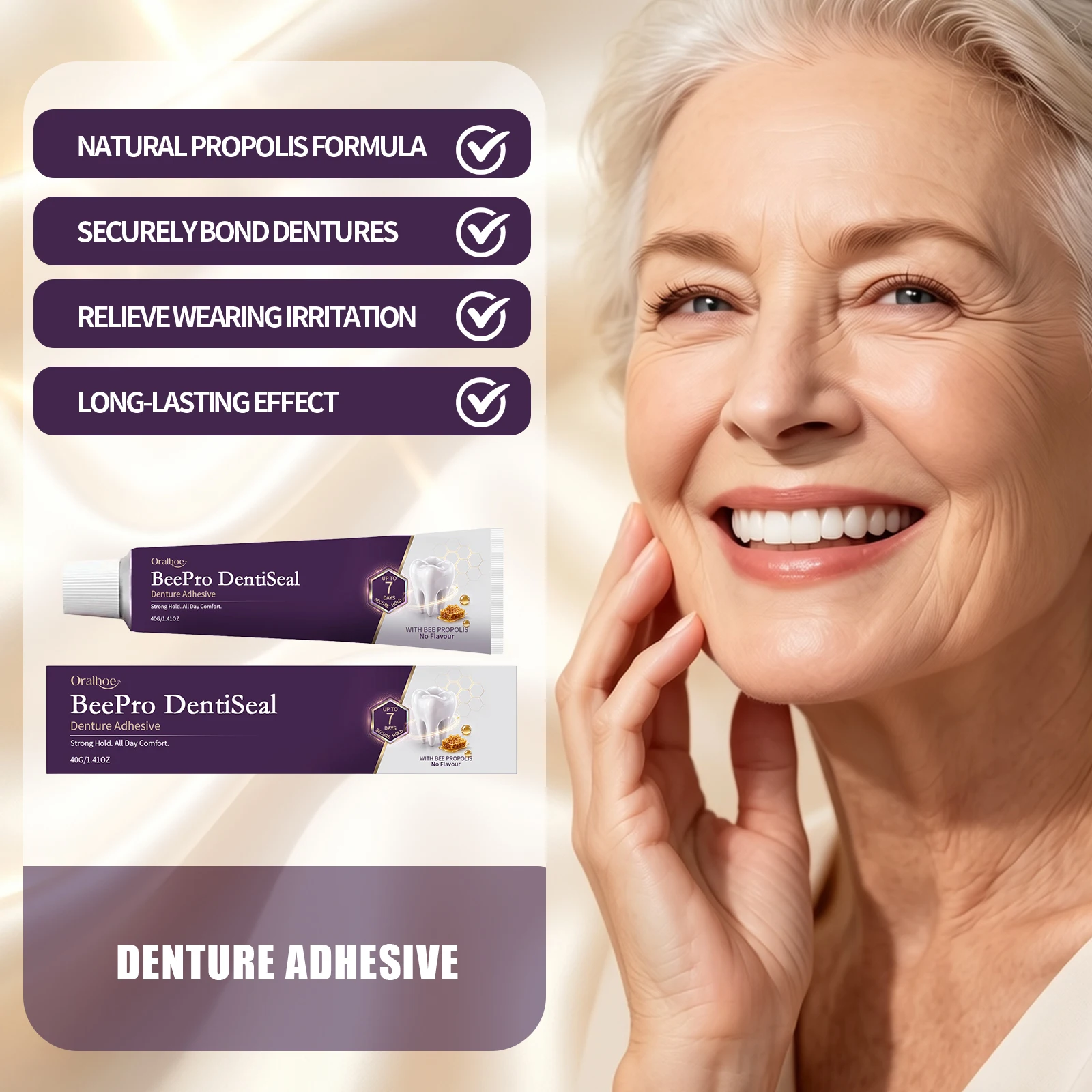 Denture Adhesive Cream Bee Propolis Strong Hold Up To 7 Days Secure Comfort Seal No Flavor Long Lasting Fixative For False Teeth