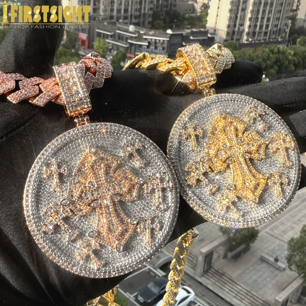 

New Iced Out Cross Pendant Necklace Two Tone Color Bling Zircon CZ Heavy Chunky Round Badge Charm Men Fashion Hip Hop Jewelry
