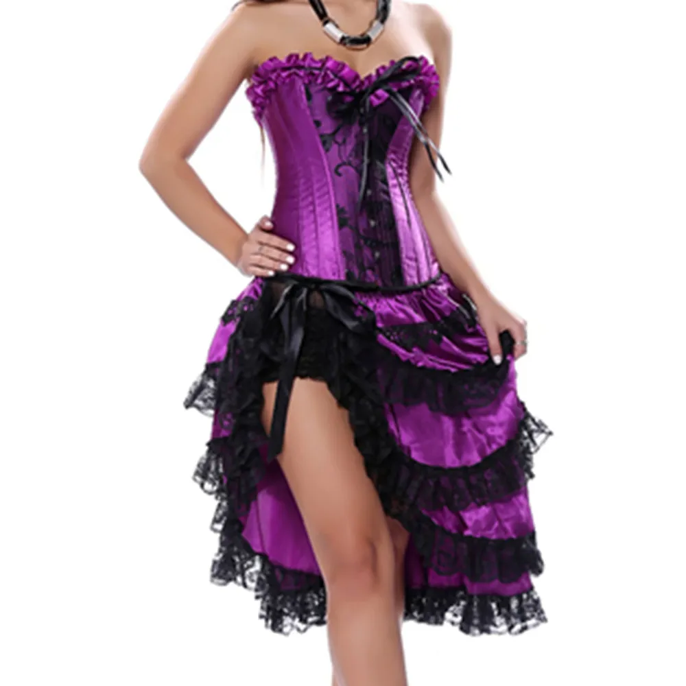 Women Gothic Burlesque Overbust Corset Sexy Purple Dancer Dress Lingerie Showgirl Top with Layed Skirt Plus Size