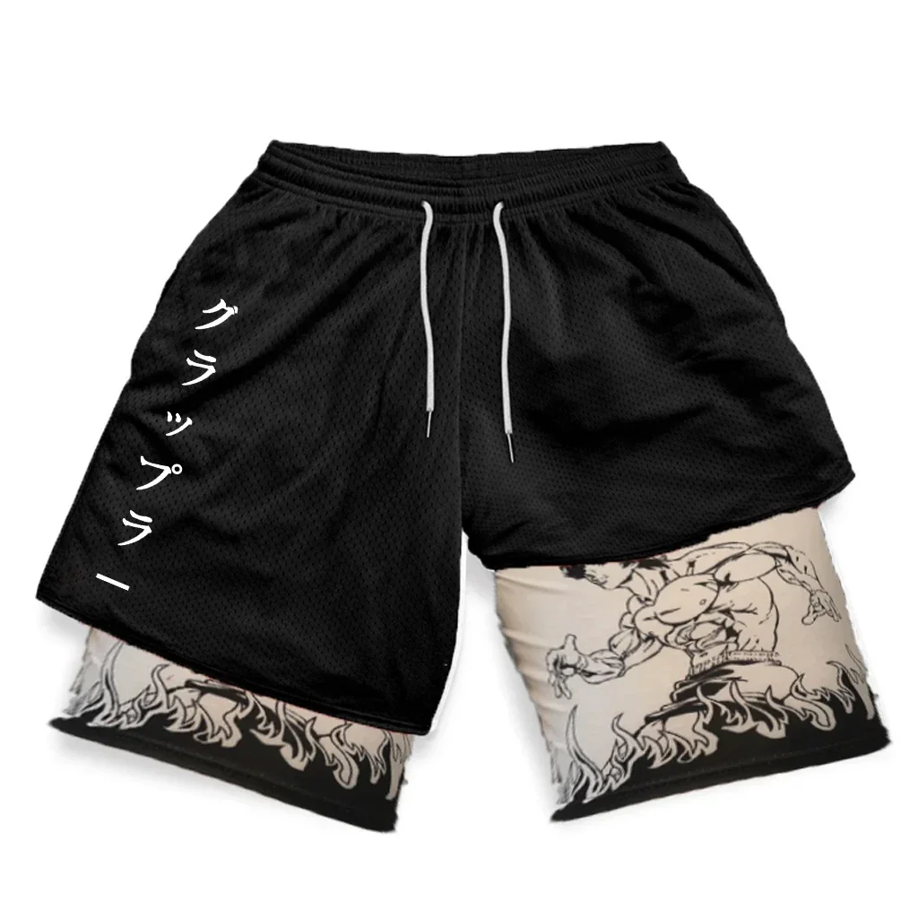 Men\'s Anime Hanma Baki Fitness Shorts Printed Black Double Layer 2 In 1 Quick-drying Shorts Fitness Running Sports Summer