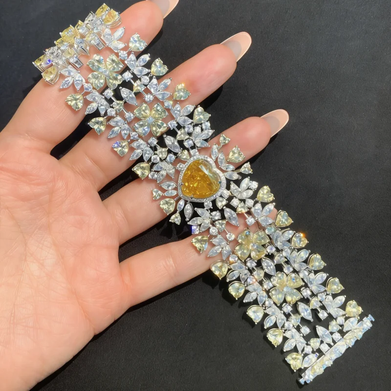Bellux S925 Silver Synthetic Yellow Diamond  Love Heart Light Luxury Bracelet Ring Dual purpose Fashion Jewelry Bracelet