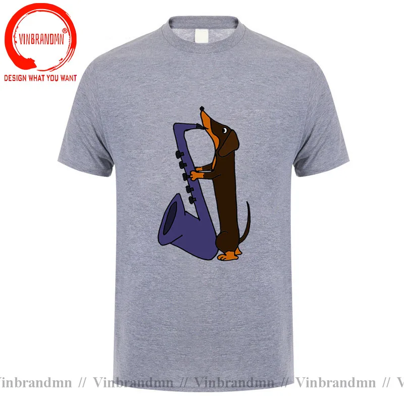 Fashion Dachshund Dog Playing Blue Saxophone Men T shirts Guitar Piano Music T-shirts Cartoon Dog Rock Band tshirt