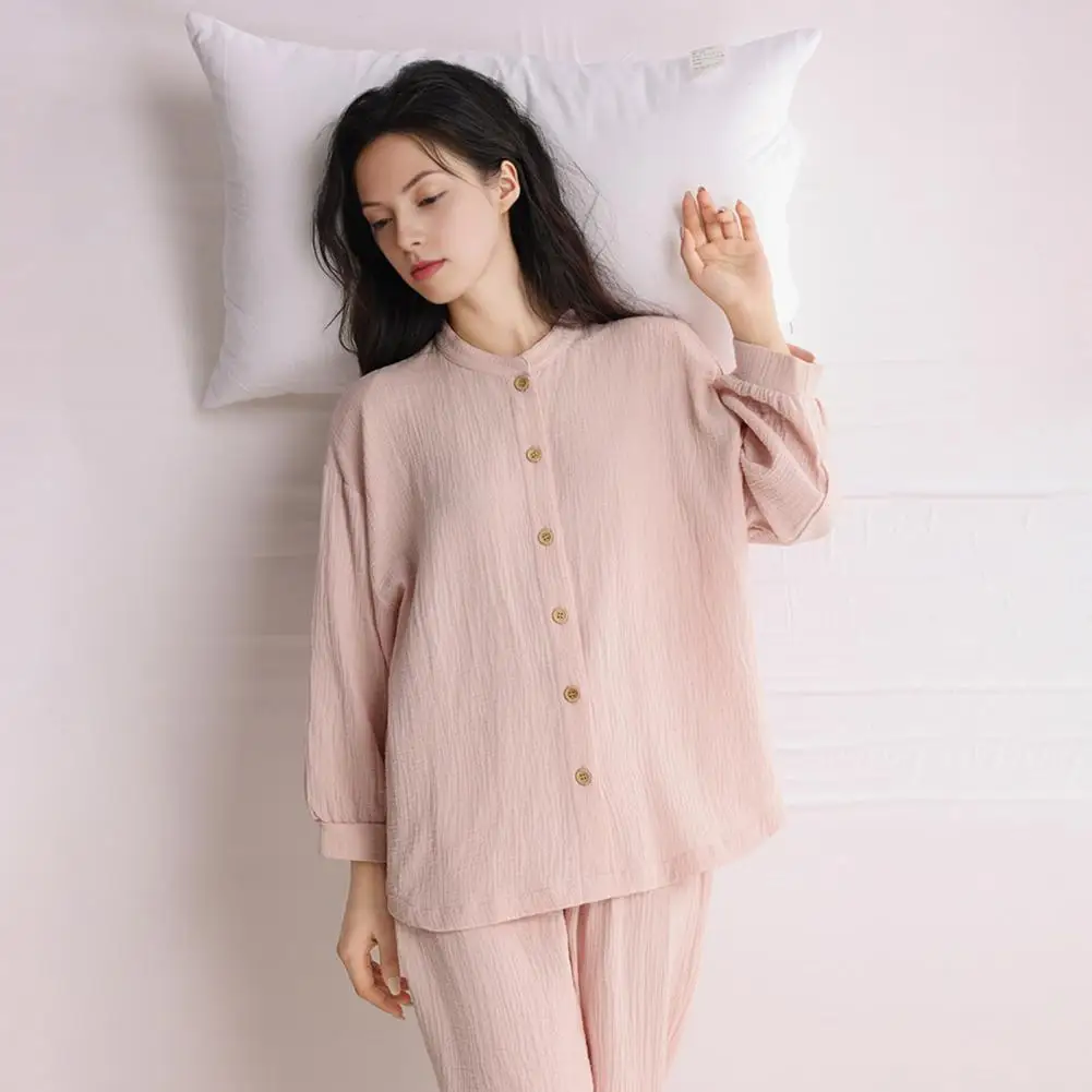 

Women's Cotton Sleep Set Solid Color Long Sleeve Button Down Top And Long Pants Loungewear Set Casual 2 Piece Sleepwear