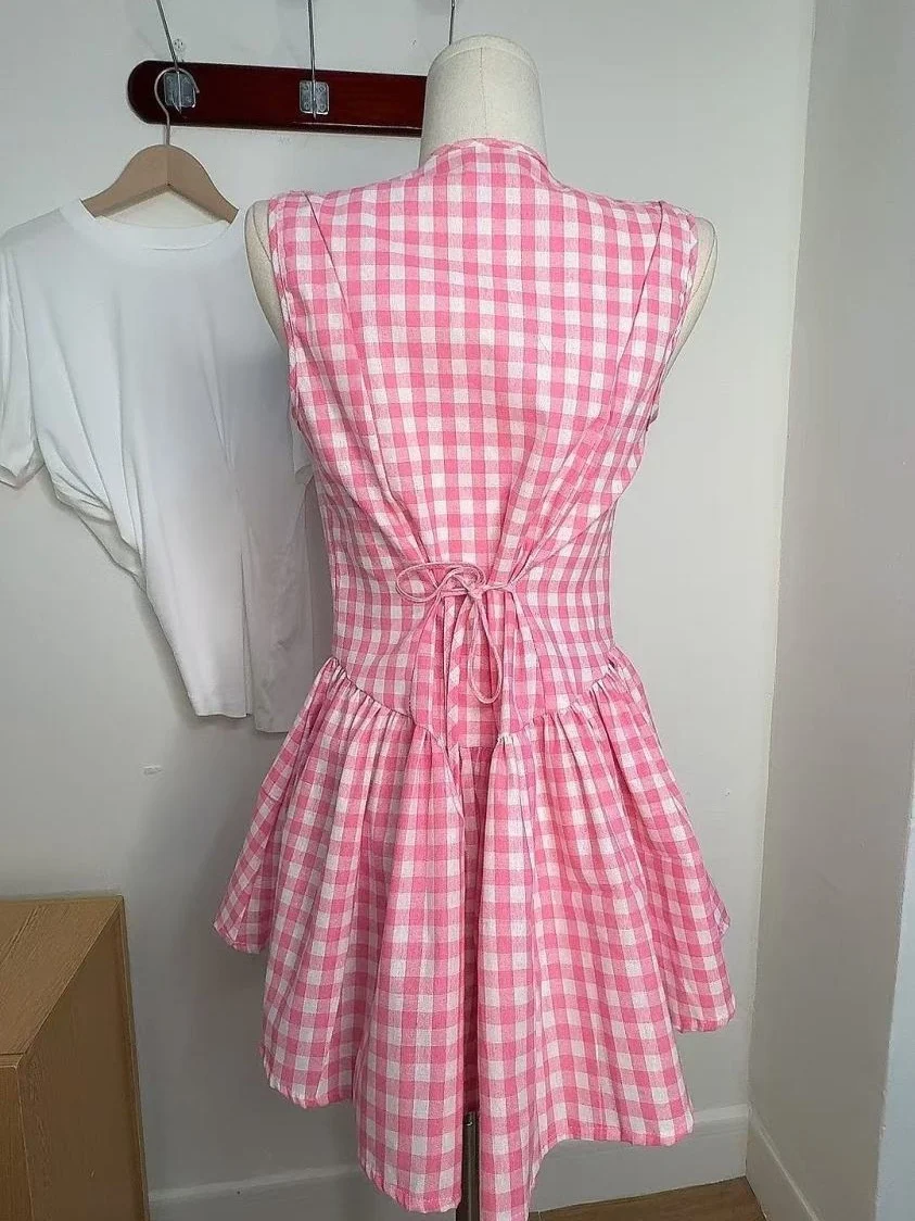 Plaid Dresses Women Sweet Sleeveless Bandage Summer Fashion New Elegant Mini Dress Casual Dress