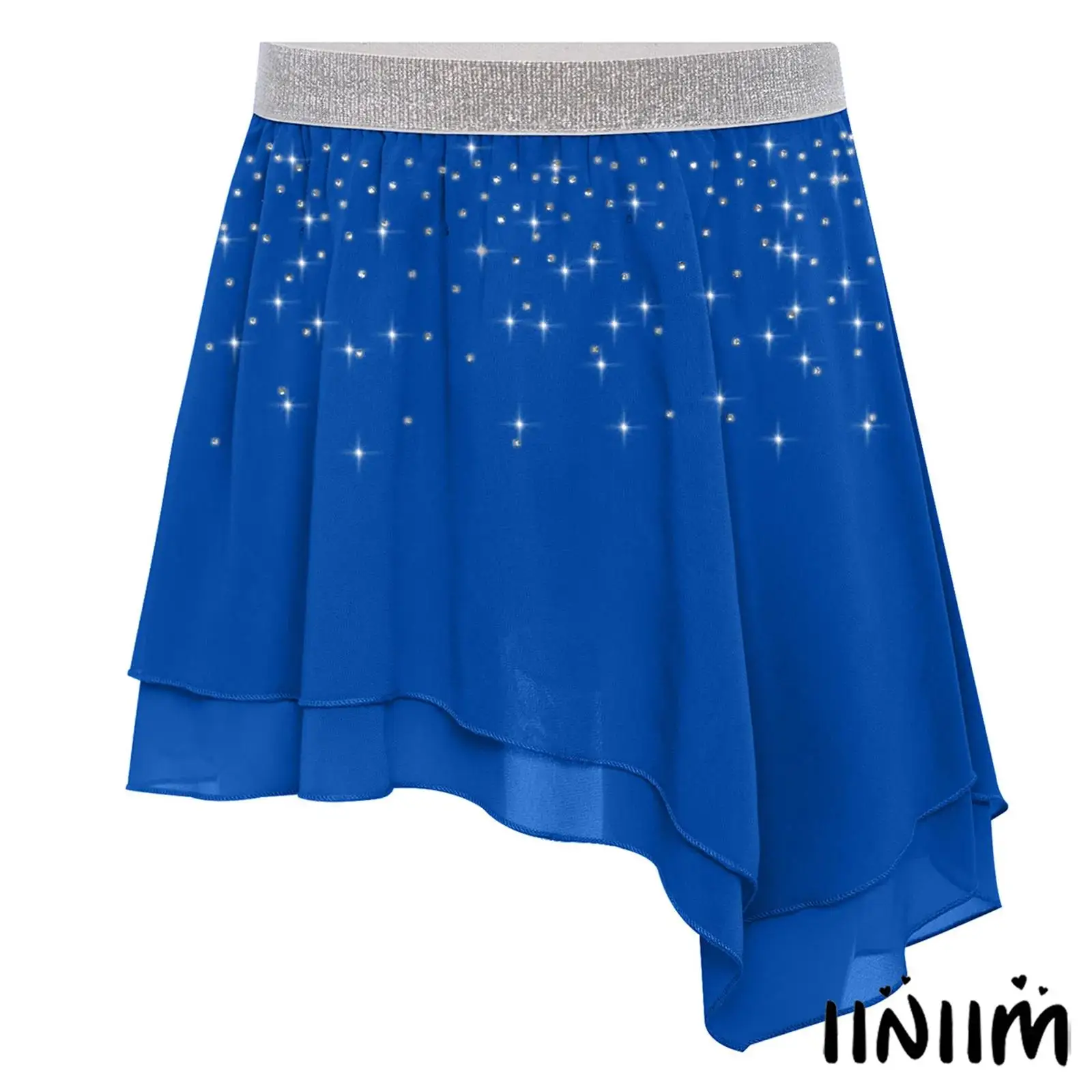 

Kids Girls Ballet Dance Skirt Elastic Waistband Shiny Rhinestones Asymmetrical Chiffon Skirt for Training Performance Dancewear