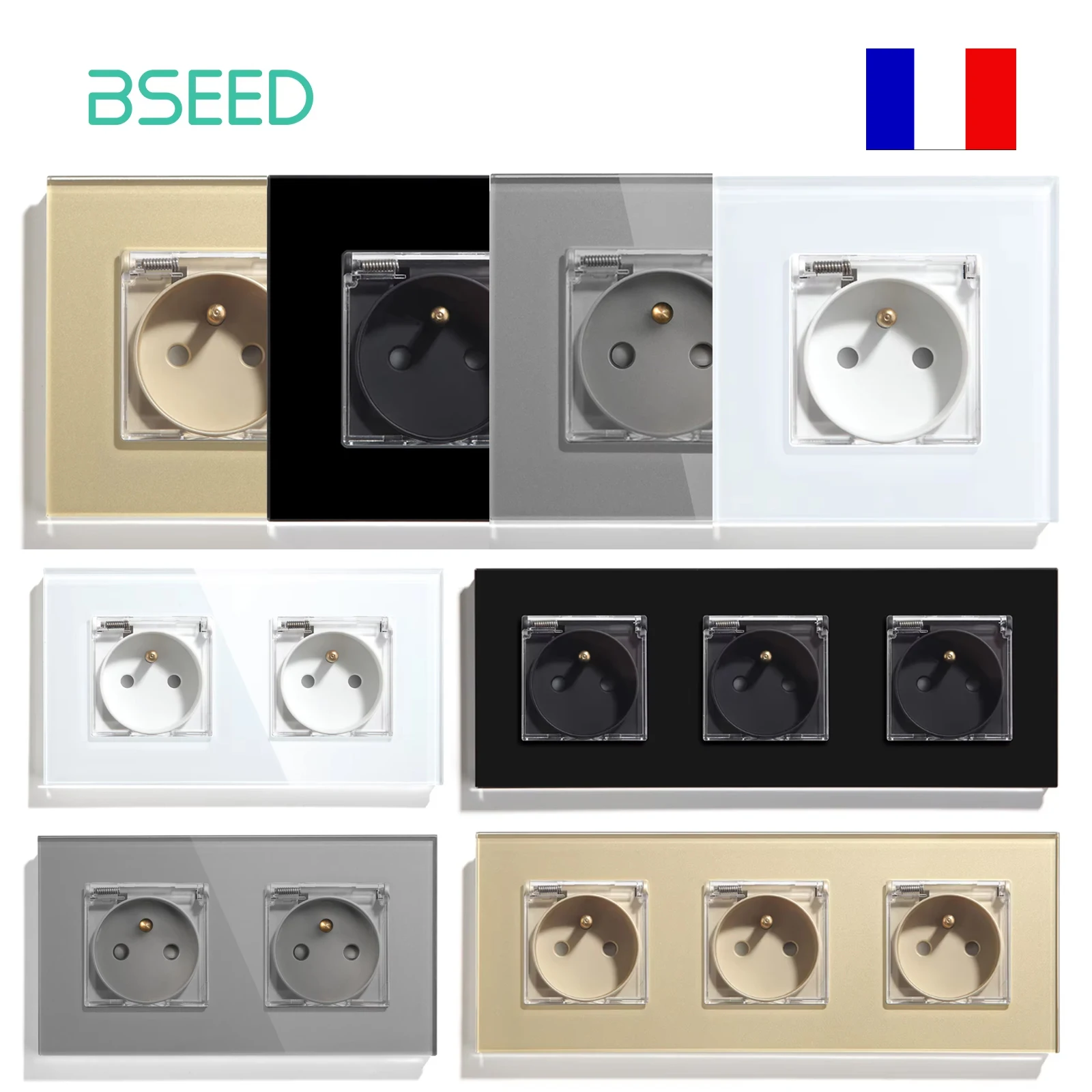 

BSEED Французские одиночные розетки, белая стеклянная панель, 16А, двойные настенные розетки, водонепроницаемая крышка, уличная розетка, тройные розетки