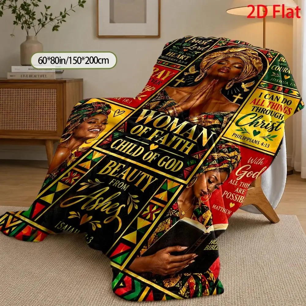 Woman of Faith Christian Flannel Blanket Bible Verse Prayer Scripture African Inspired Throw Blanket for Sofa Bed Couch Bedroom Living Room Religious Home Decor Church Gift Cozy Nap Blanket Office Travel Faith Bedding Inspirational Gift Room Accent