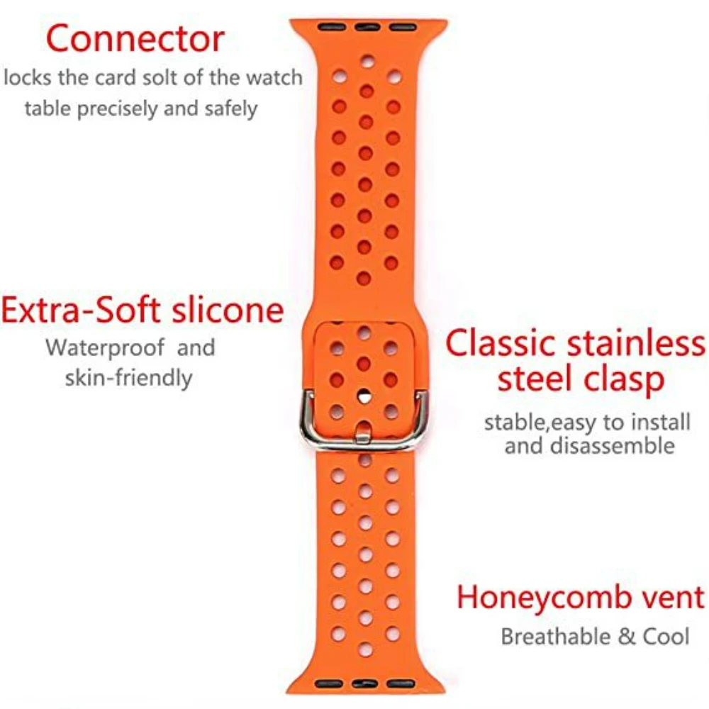 Дышащий силиконовый ремешок для Apple Watch Band 46 мм, 45 мм, 44 мм, 42 мм, 49 мм, 41 мм, 40 мм, спортивный браслет iWatch 10 Ultra 9 8 7 6 SE Belt
