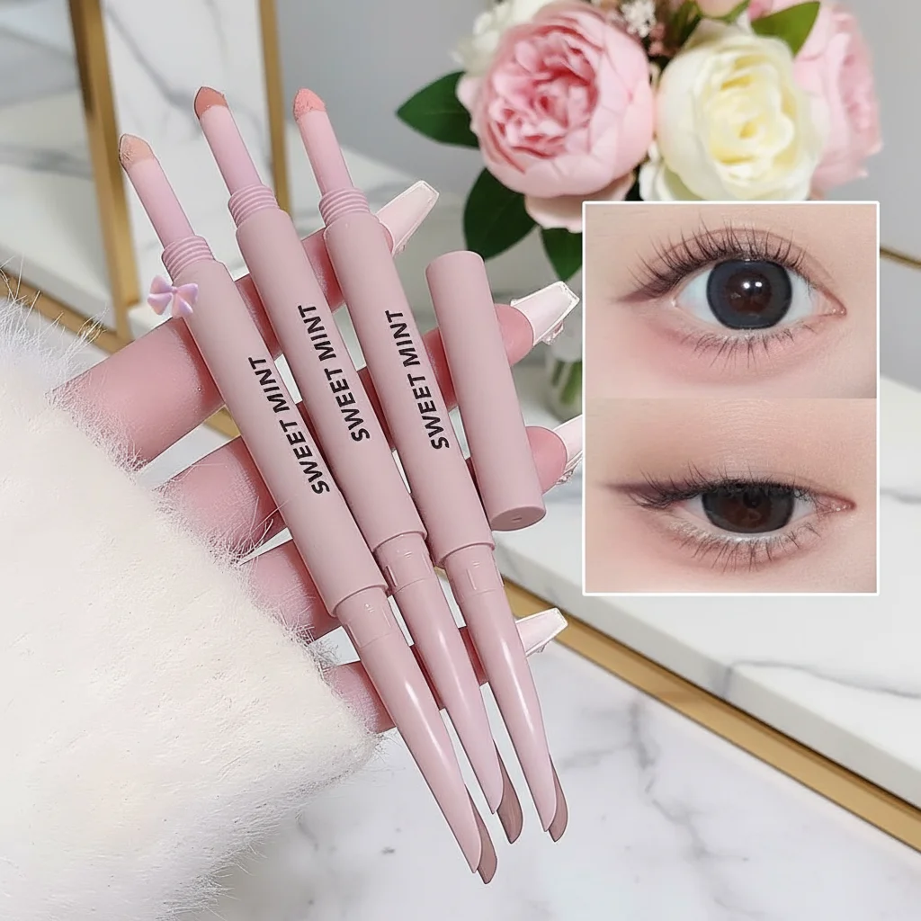 Delineador de foice de cabeça dupla, caneta de bicho-da-seda, à prova d'água, glitter natural, sombra de bicho-da-seda, sombra de contorno, maquiagem