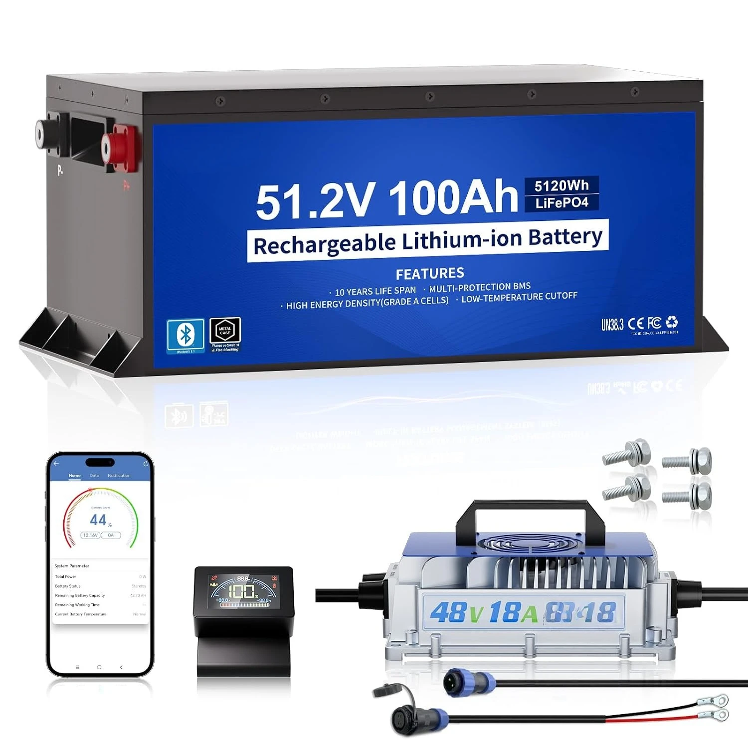 Metal Case 48V 100Ah Lithium Golf Cart Battery Kit w/ 18A Charger | 200A BMS Lifepo4 Battery with 48V 18A Charger,, Customized