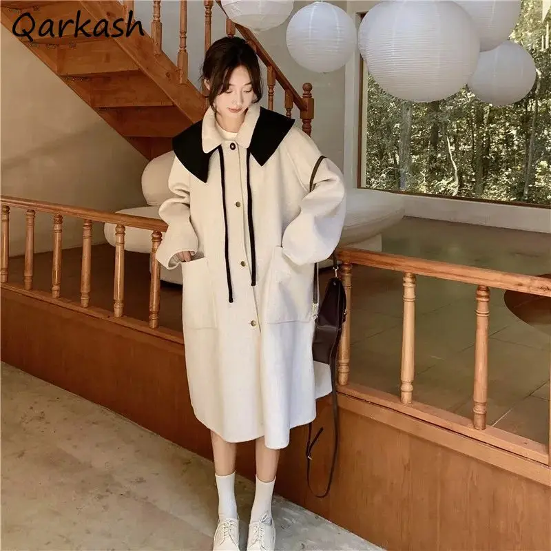 Woolen Coats Women Loose Fit Elegant Ladies Patchwork Fashion Streetwear Chic All-match Casual Panelled Soft Korean Style Trendy