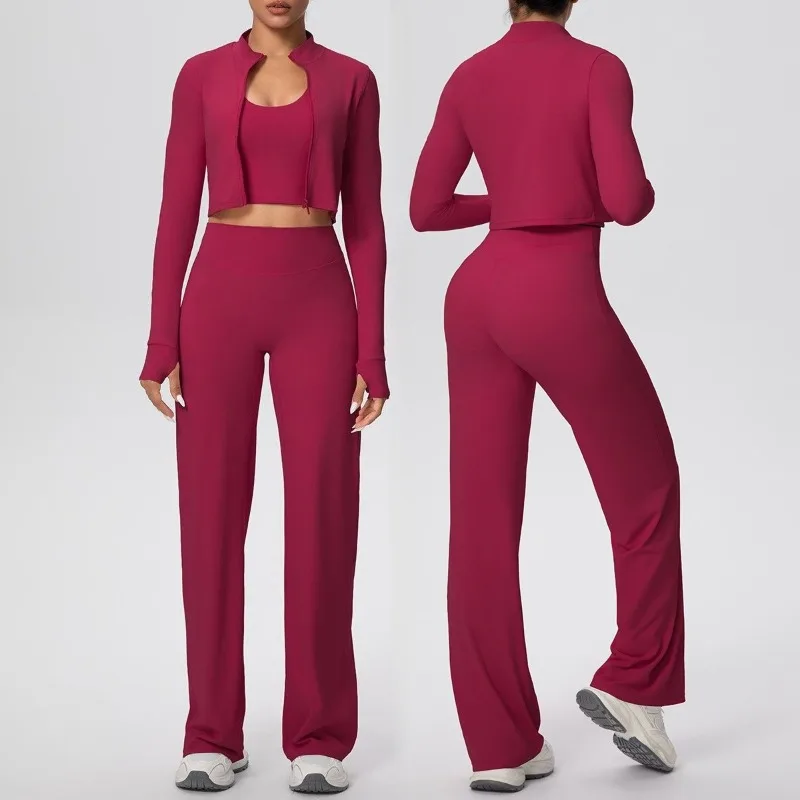 

Женский тонкий комплект для йоги, плотный однотонный быстросохнущий жилет с широкими штанинами и подвесным воротником, комплект из трех предметов для занятий спортом и фитнесом на открытом воздухе