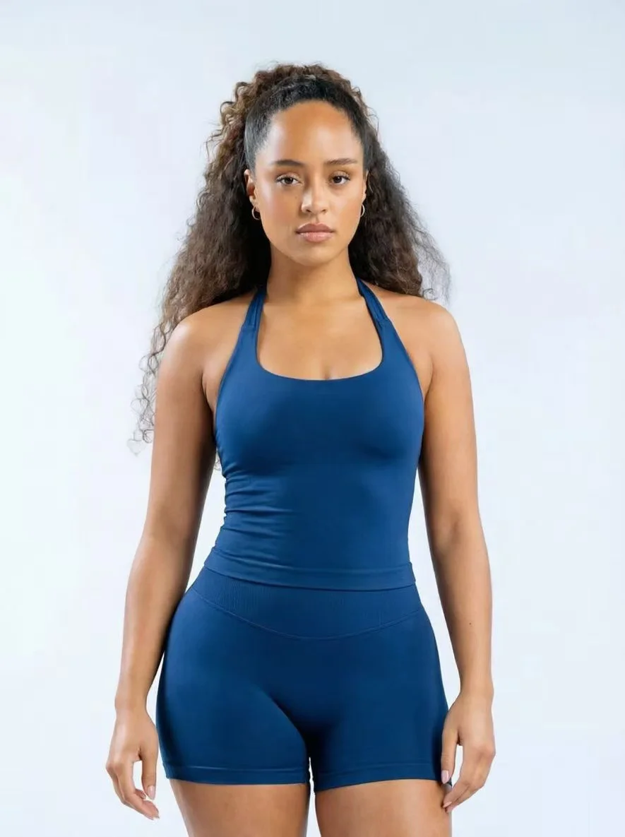Workout Yoga 2-Teiliges Damen 3-Lagiges Neckholder Sportoutfit, Hochelastisches Nahtloses Gepolstertes Cami-Tanktop & Passende Shorts Set – Detail 7