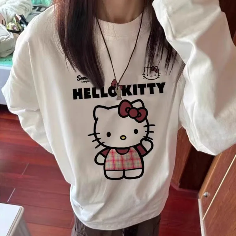 Sanrio Hello Kitty Cute Sweet Cartoon Long Sleeve T-shirt Women New Autumn Loose Casual Top American Style Simple Versatile Tees