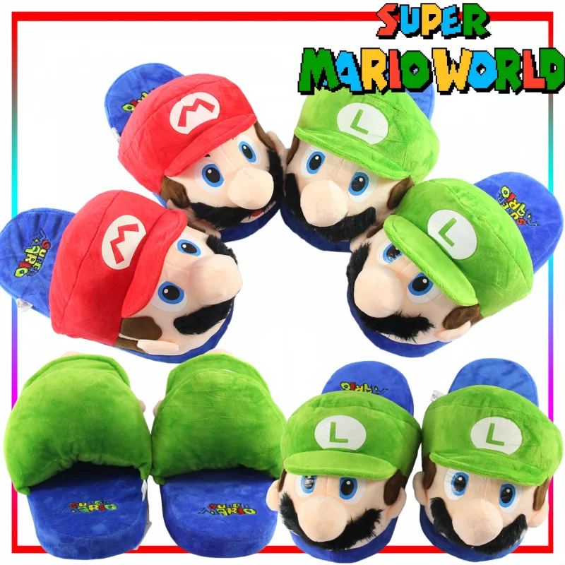 Super Mario Bros. Media zapatilla de dibujos animados Mario zapatos de algodón uso interior del hogar regalo de vacaciones imagen tridimensional cálida y antideslizante