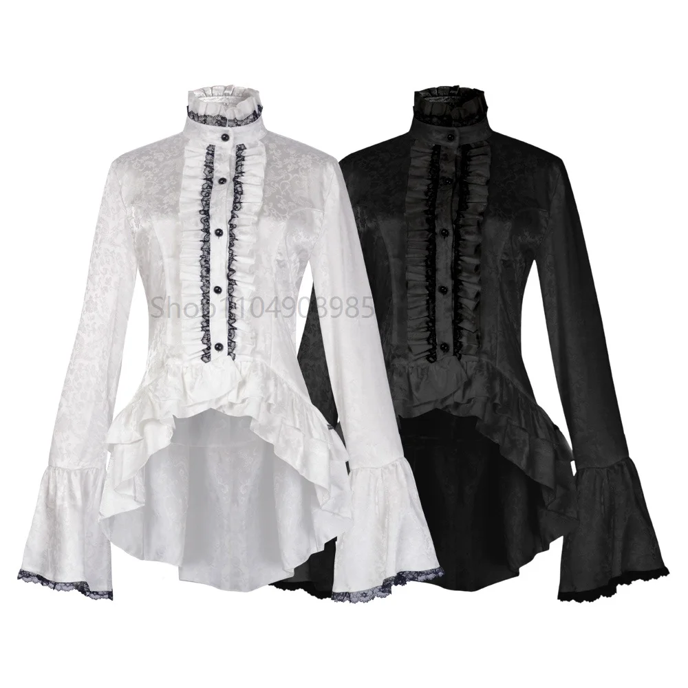 

Gothic Mock Neck Blouse Lace Up Flare Sleeves Ruffles Layered Asymmetric Button T-Shirt Women Victorian Shirt Steampunk Top