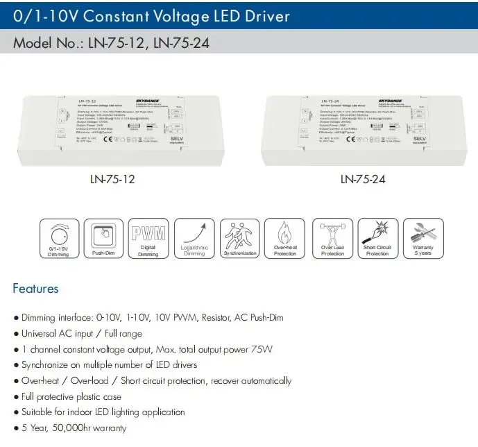 SKYDANCE 1/0-10V Dimmable LED Driver Constant Voltage 40W/75W 12V/24V PWM AC Push-Dim Power Suppl for Single Color LED Strip