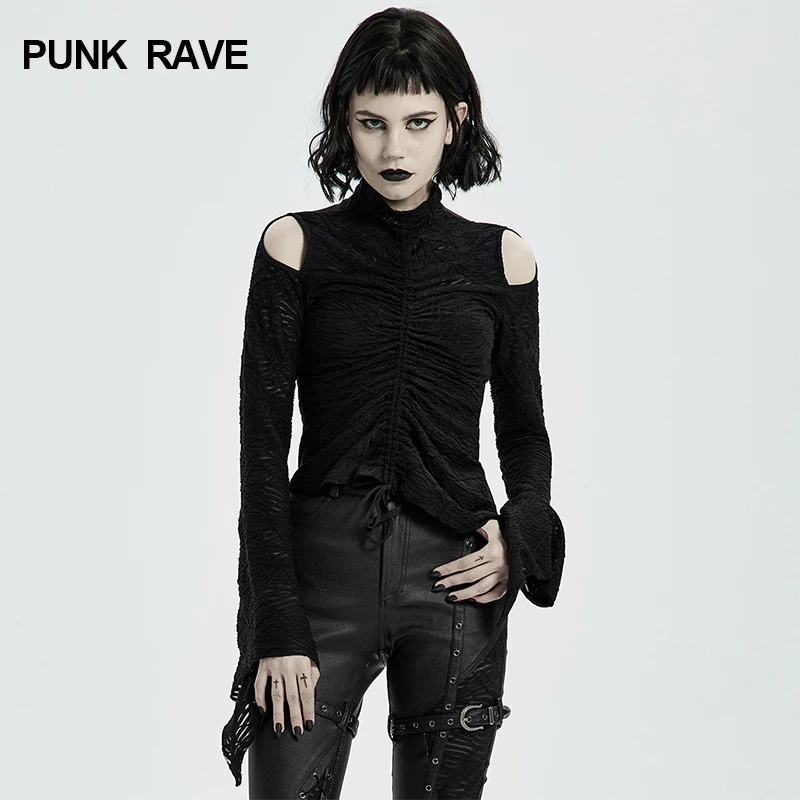 

PUNKRAVE Women Goth T Shirt Long Sleeve High Collar Off Shoulder Drawstring Elastic Knitted Irregular Casual Tees Top For Woman