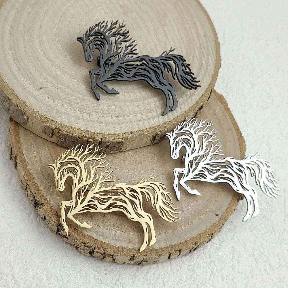 

Original branch running horse hollow stainless steel gold-plated 18K brooch, suit lapel pin, waterproof formal fittings