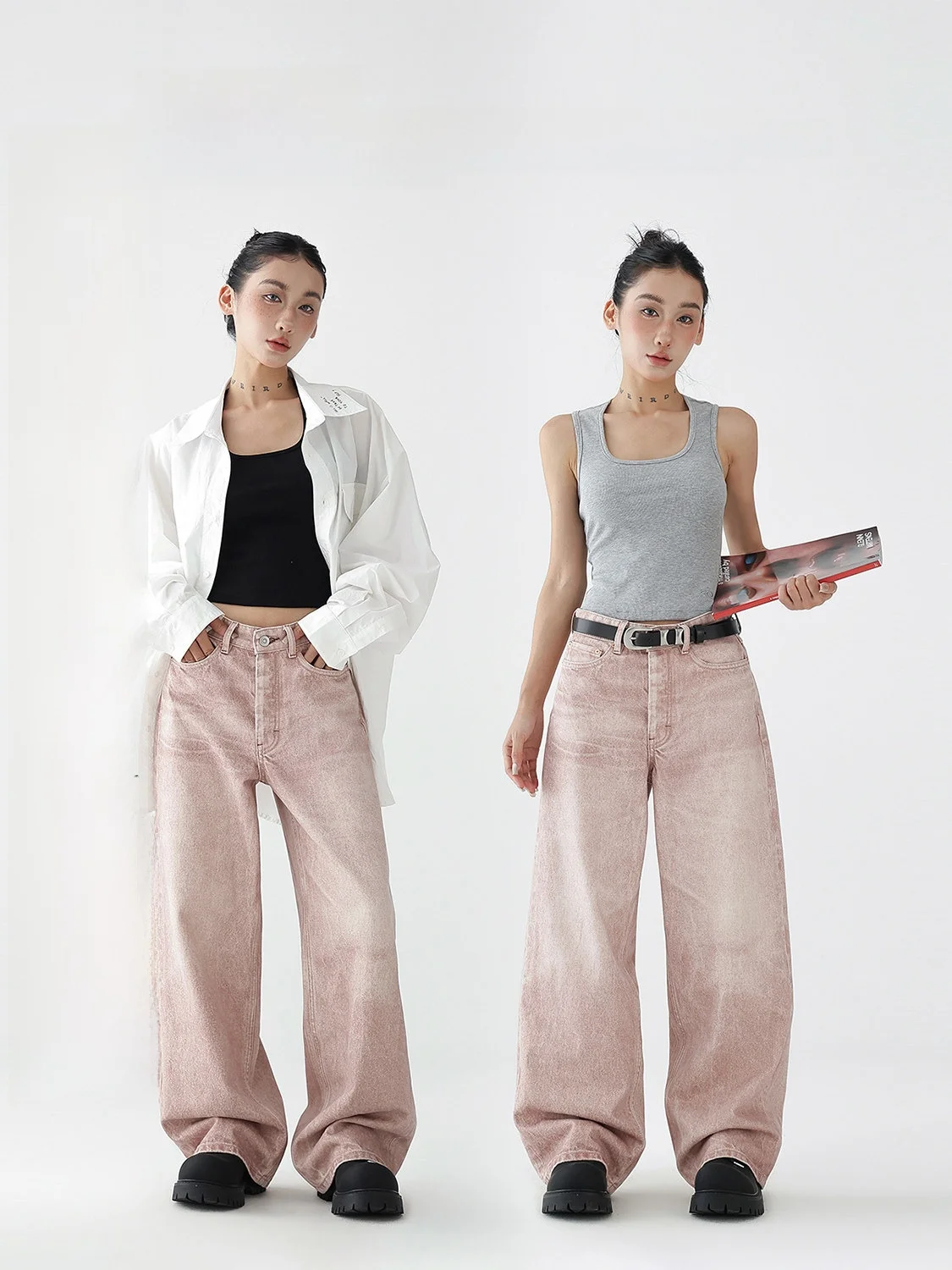 

Xoudios, свободные прямые джинсы с талией, повседневные розовые джинсовые длинные брюки с талией, женские весенне-летние осенние