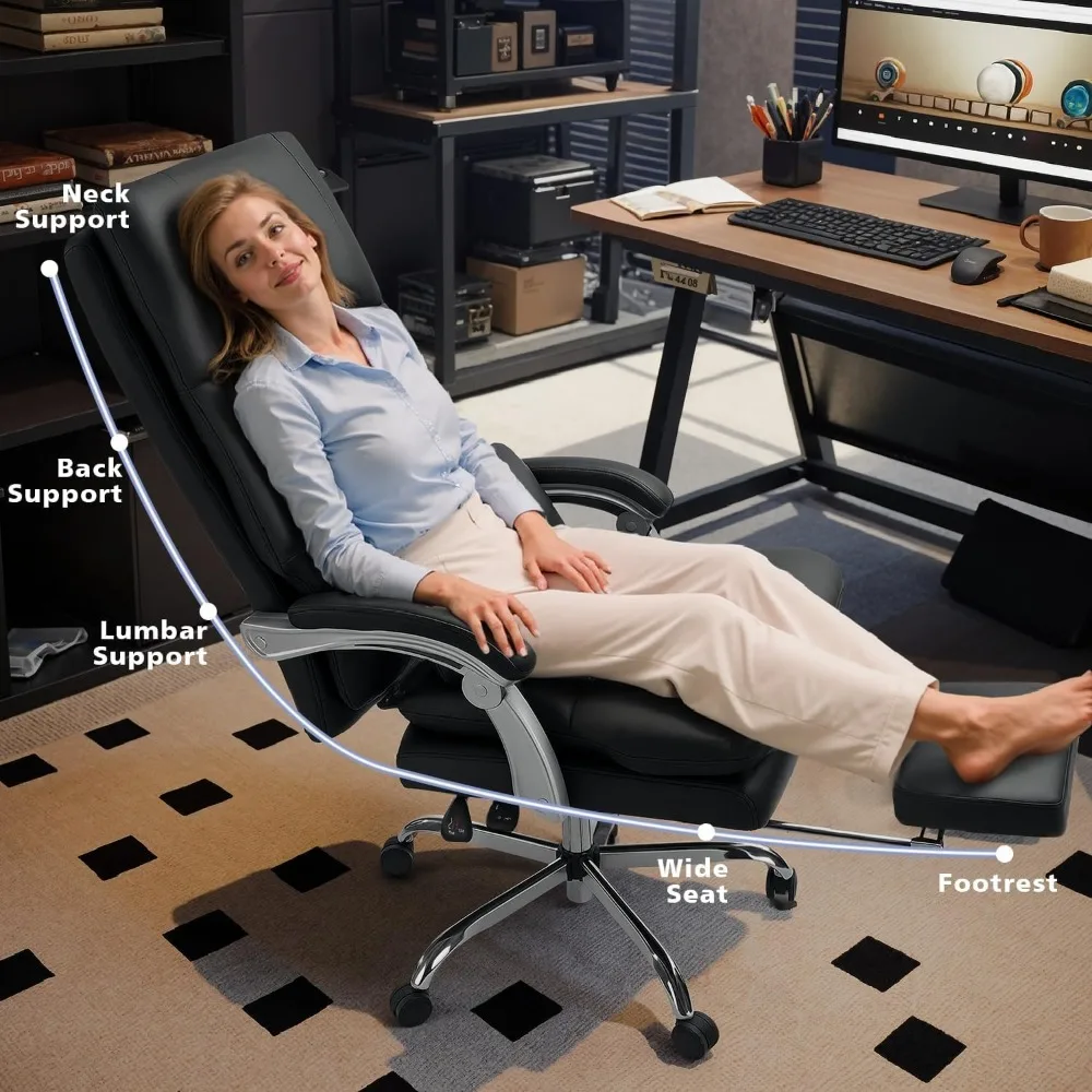 durable high-back leather office chair with footrest for up to 600lbs capacity