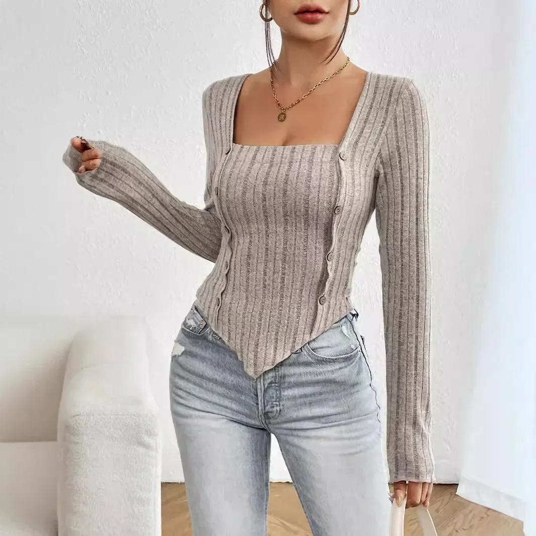 Women's New Fall Fashion Solid Color Sexy Spice Girl Square-neck Long-sleeved Single-breasted Sweater Slimming Knit Top Y2k