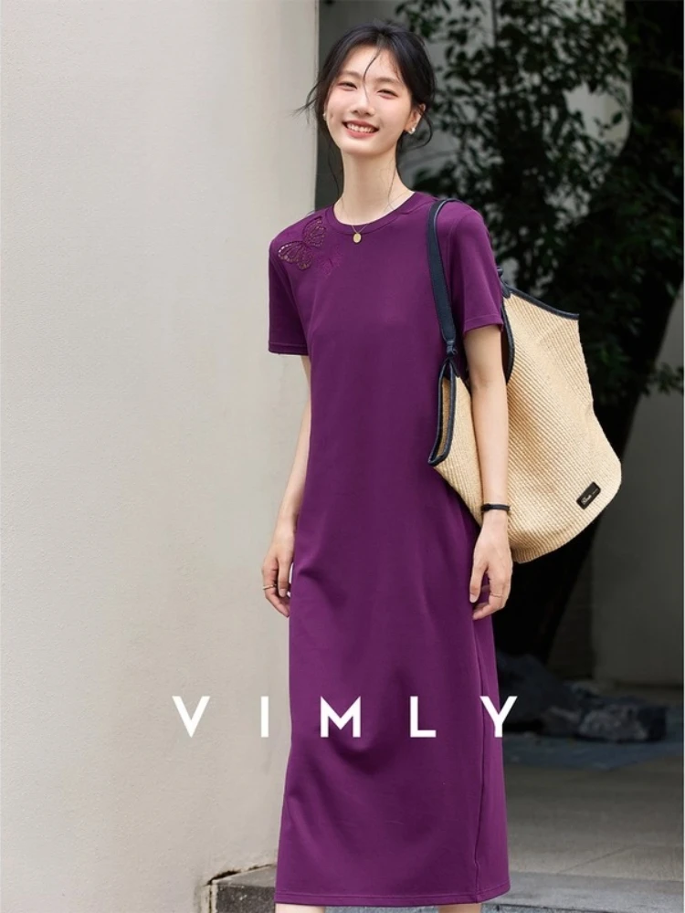 

VIMLY Purple Hook Hollow Butterfly Embroidered Knitted Dress Women's Summer 2025 Round Neck Straight Woman Long Dresses A2522