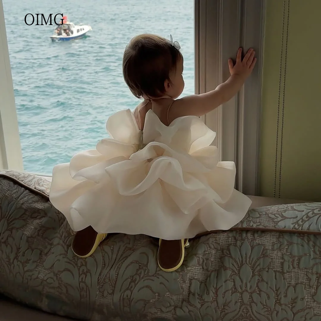 

OIMG O Neck Tiered Ball Flower Girl Dresses Sleeveless Wedding Party Dress Knee Length Birthday Dress Holy Communion Customized