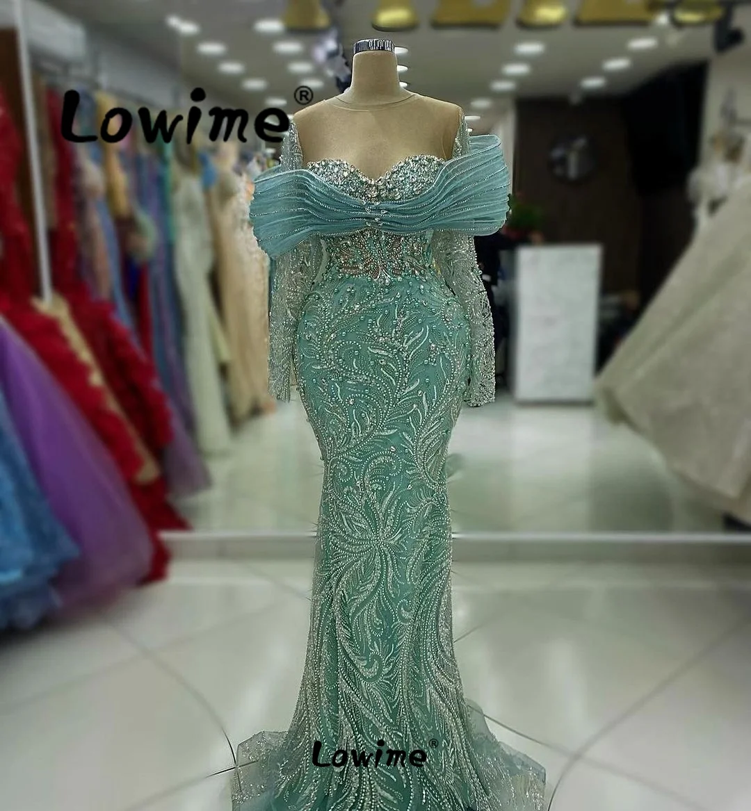 Robe De Soiree 2024 Mint Green Light Blue Aso Ebi Evening Dresses Long Sleeves Customize Mermaid Beaded Pearls Celebrity Dress