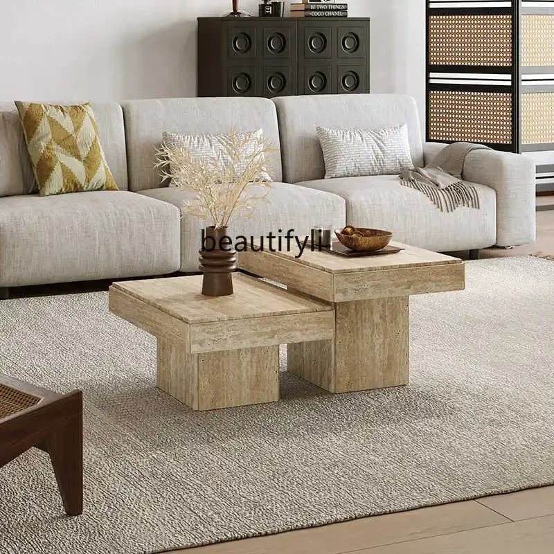 

Travertine coffee table size combination villa square small tea table living room luxury stone high sense