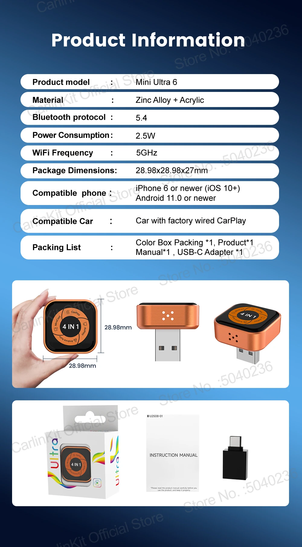 Mini Ultra 6 4-in-1 Wireless-Adapter, kabelloses Bildschirm-Spiegelungsgerät, Android Auto CarPlay-Adapter für kabelgebundene CarPlay-Fahrzeuge, einfache Verbindung. – Detail 14