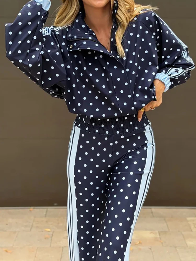 Frühling Herbst Langarmjacke Elastische Taille Schlaghose 2-teiliges Set Damen Casual Print Mode Urlaubsoutfit Streetwear