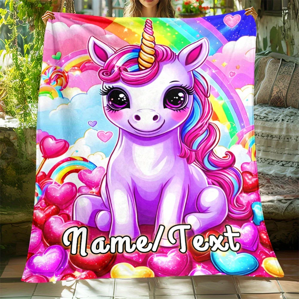 1, individuelle Namensdecke mit Regenbogen-Einhorn-Aufdruck, weiche und leichte Flansch-Fleecedecke, geeignet für Sofas, Reisen, Camping