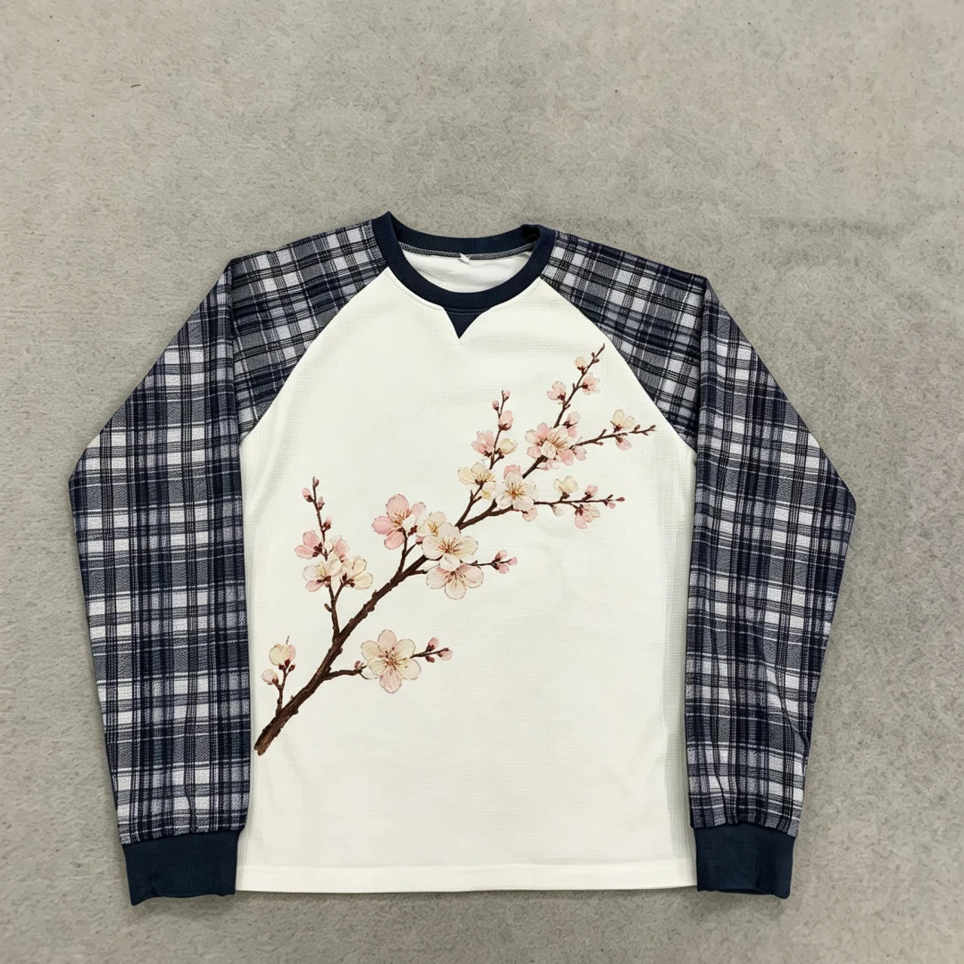 Women Retro New Chinese Long Sleeve Raglan T‑Shirt Waffle Fabric Plaid Splice Sleeve V‑Neck Plum Blossom Print Casual Top