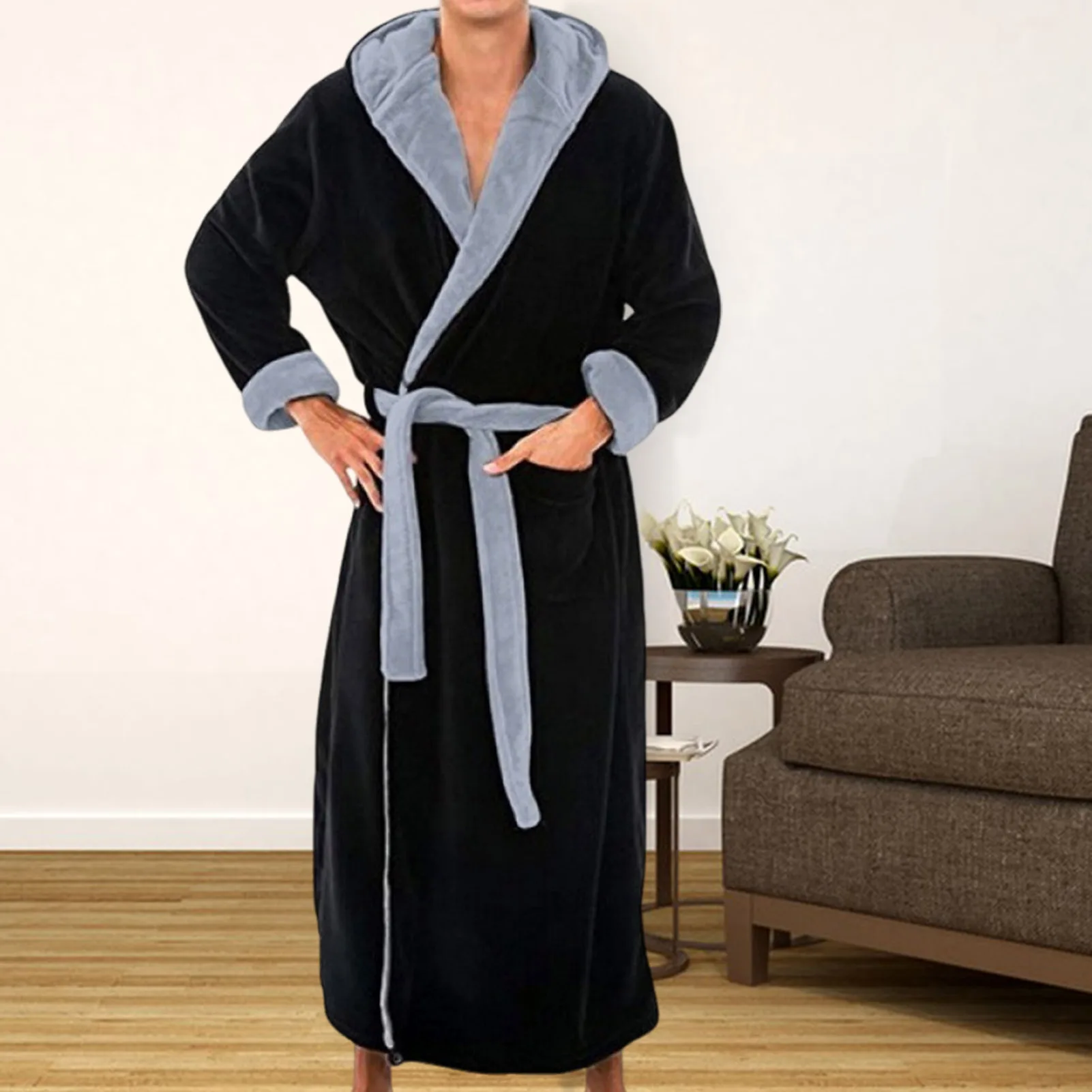 Men Soft Coral Fleece Color Block Pockets Long Bath Robe Home Gown Sleepwear