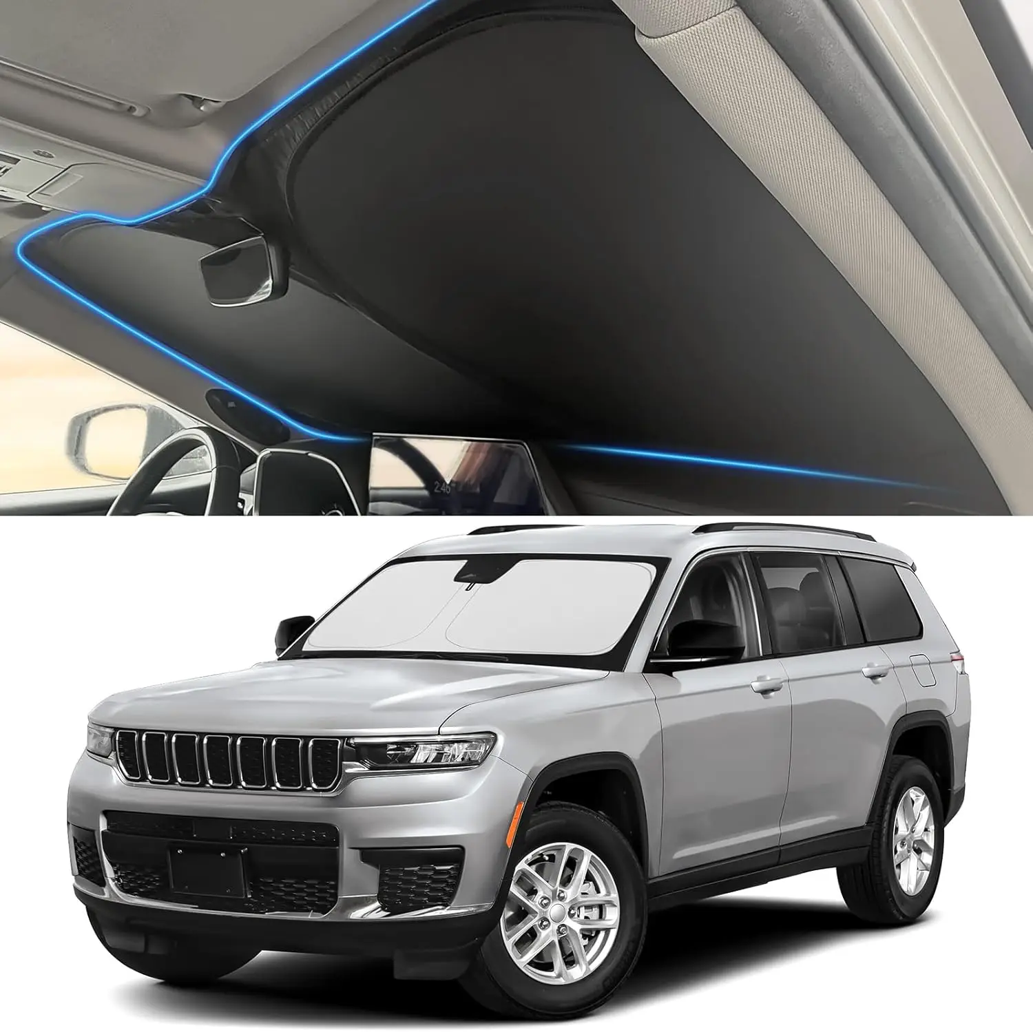 

Windshield Sun Shade for Jeep 2014-2025 Grand Cherokee Accessories (OEM Size) Auto Interior Front Window Sun Visor Heat Protecti