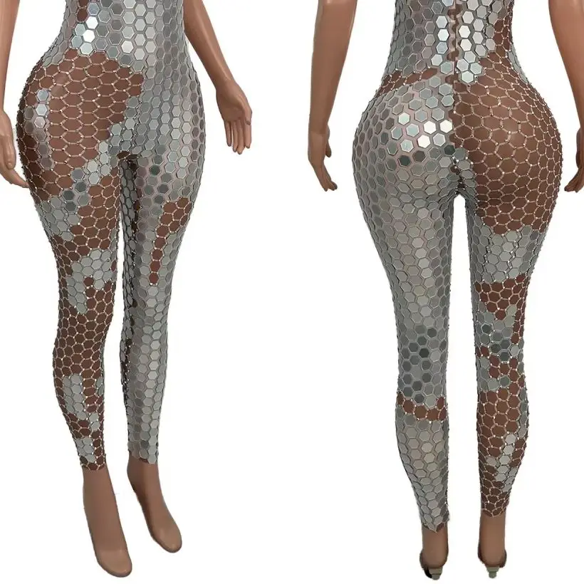 

Fashion Silver Hexagon Mirror Mesh Tight Fitting Jumpsuit Women Sleeveless Sheer Wear Stage Performance Party Jumpsuit Yinpianku