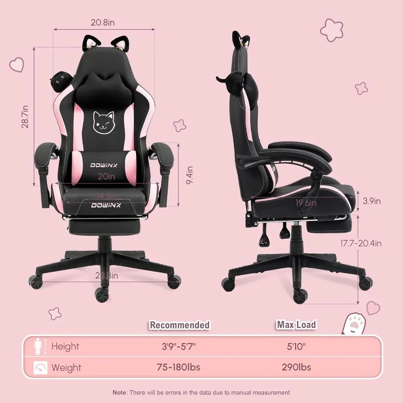 Gaming Chair Cute with Cat Ears and Massage Lumbar Support, Ergonomic Computer Chair for Girl with Footrest and Headrest