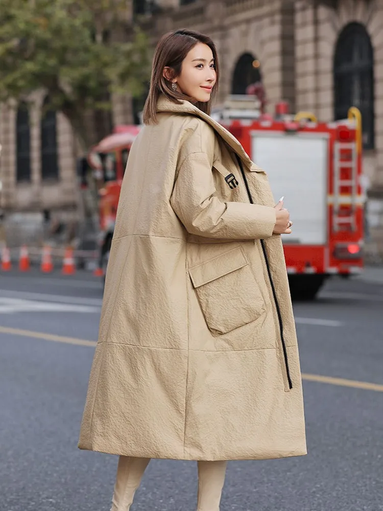 Winter Women Genuine Leather Down Jacket Thick Warm Long Overcoat Pockets Female Natural Sheepskin Loose Fit Windproof Trench