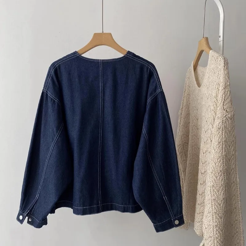 루즈핏 코튼 데님 재킷 여성용 다용도 순면 가을 신상 단색 큰 사이즈 재킷 블루 오픈 가디건
