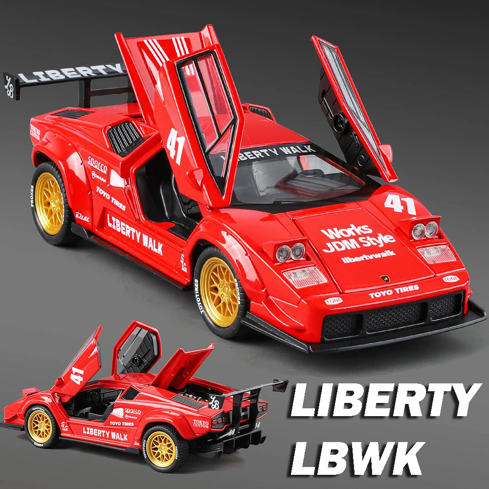

1:32 Countach Liberty LBWK V12, модель суперкар, игрушки из сплава, литой под давлением звук, свет, двери, открытый орнамент с откатным механизмом, спортивные автомобили для детей