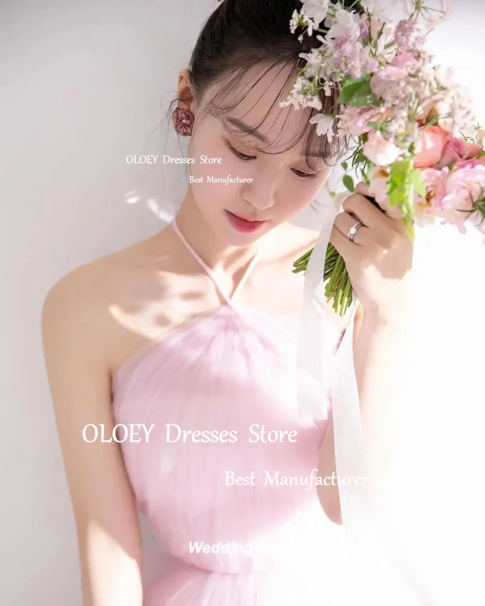 OLOEY Elegant Halter Pink Wedding Dress Korea Photoshoot Silky Organza Performance Dress Custom Made Corset Zip Back Bridal Gown