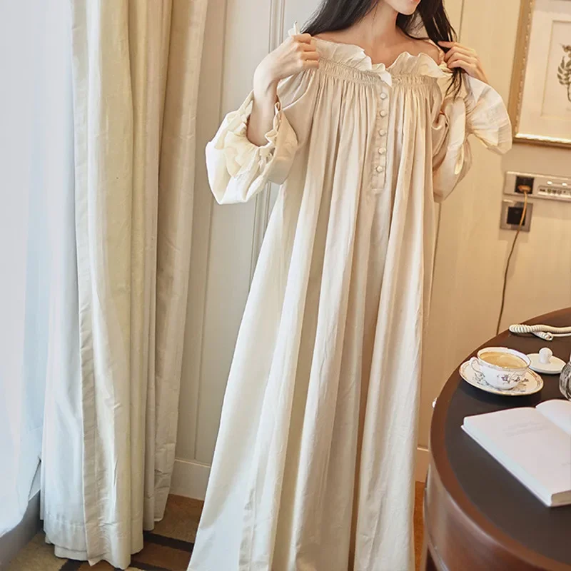 Women Vintage Apricot Off Shoulder Long Maxi Nightgown Full Sleeve Loose Plus Size Elegant Sleep Nightdress