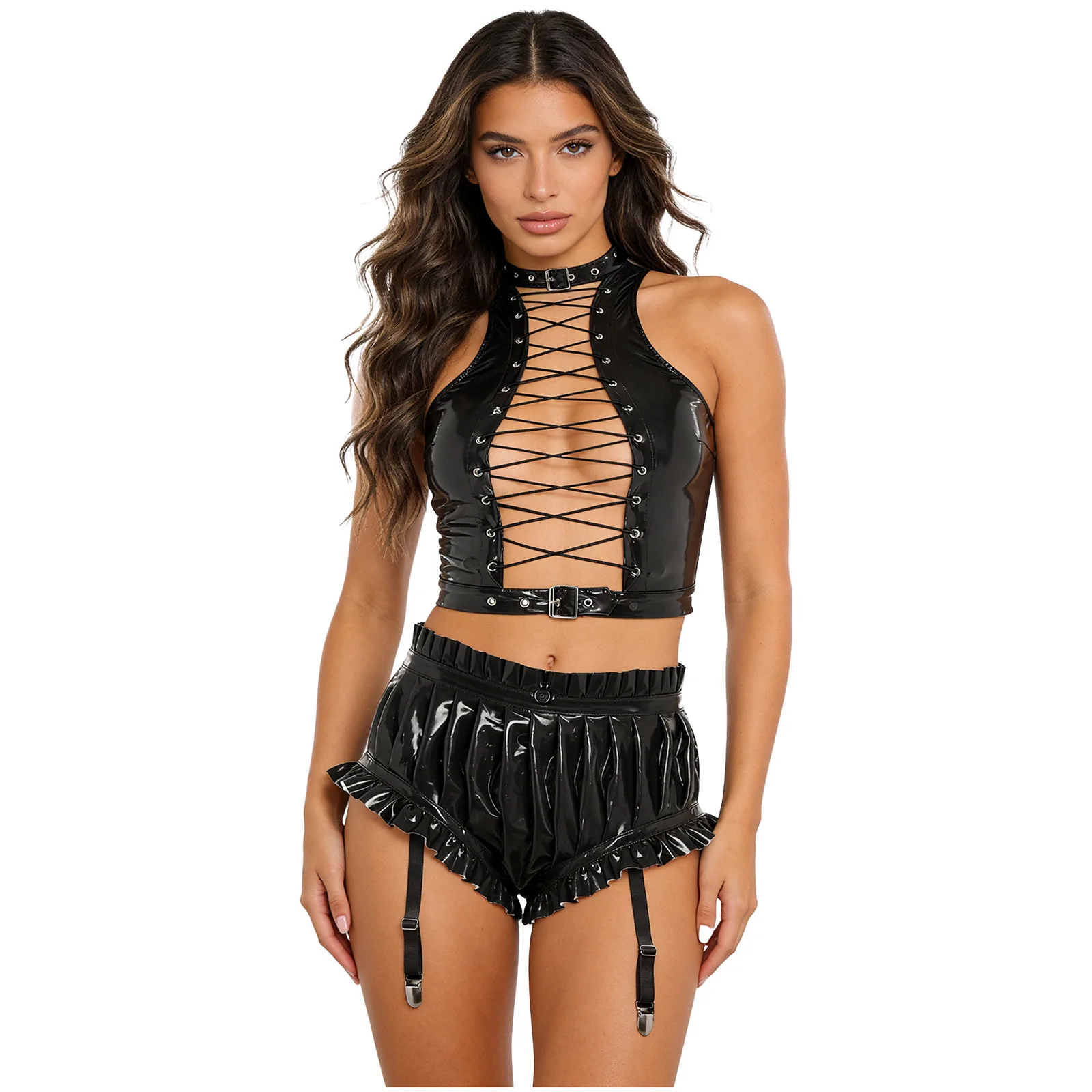 Women Wet Look PU Leather Outfit Pole Dancing Costume Cutout Front Eyelet Lace-up Crop Top with Shorts for Nightclub Raves Party