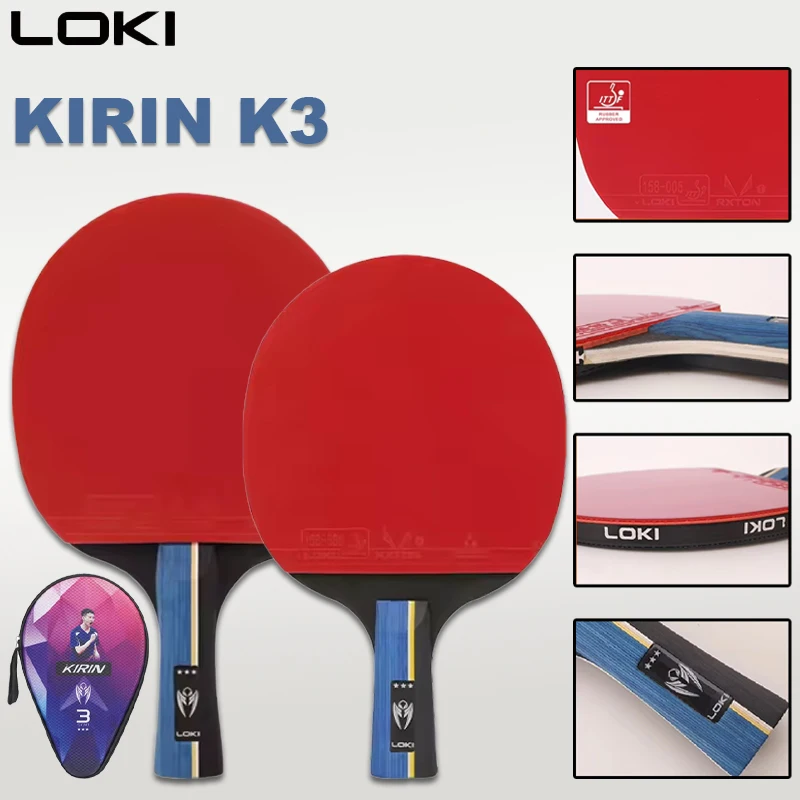

LOKI KIRIN K3 Table Tennis Racket with RXTON 1 ITTF Approved Rubber 3 Star 7-Ply Pure Wood Ping Pong Paddle Racket with Bag