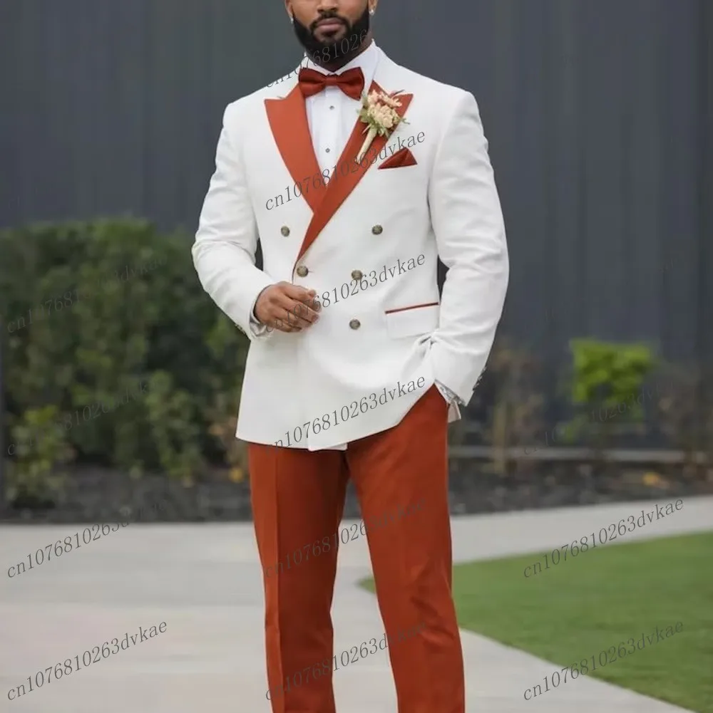

New White And Orange Men Suit Wedding Party Formal Groom Groomsman Prom Business Male Tuxedos 2 Piece Set Jacket Pants