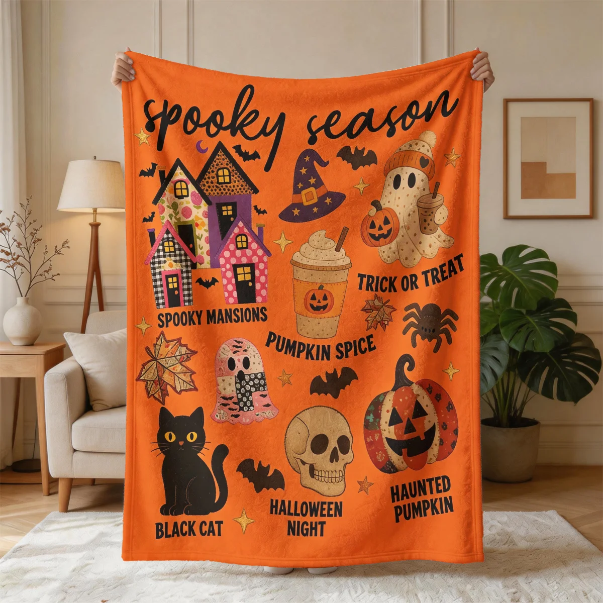 Halloween Spooky Blanket Throw Pumpkin Mansion Black Cat Fall Autumn Decor Cozy Gift Trick or Treat Season